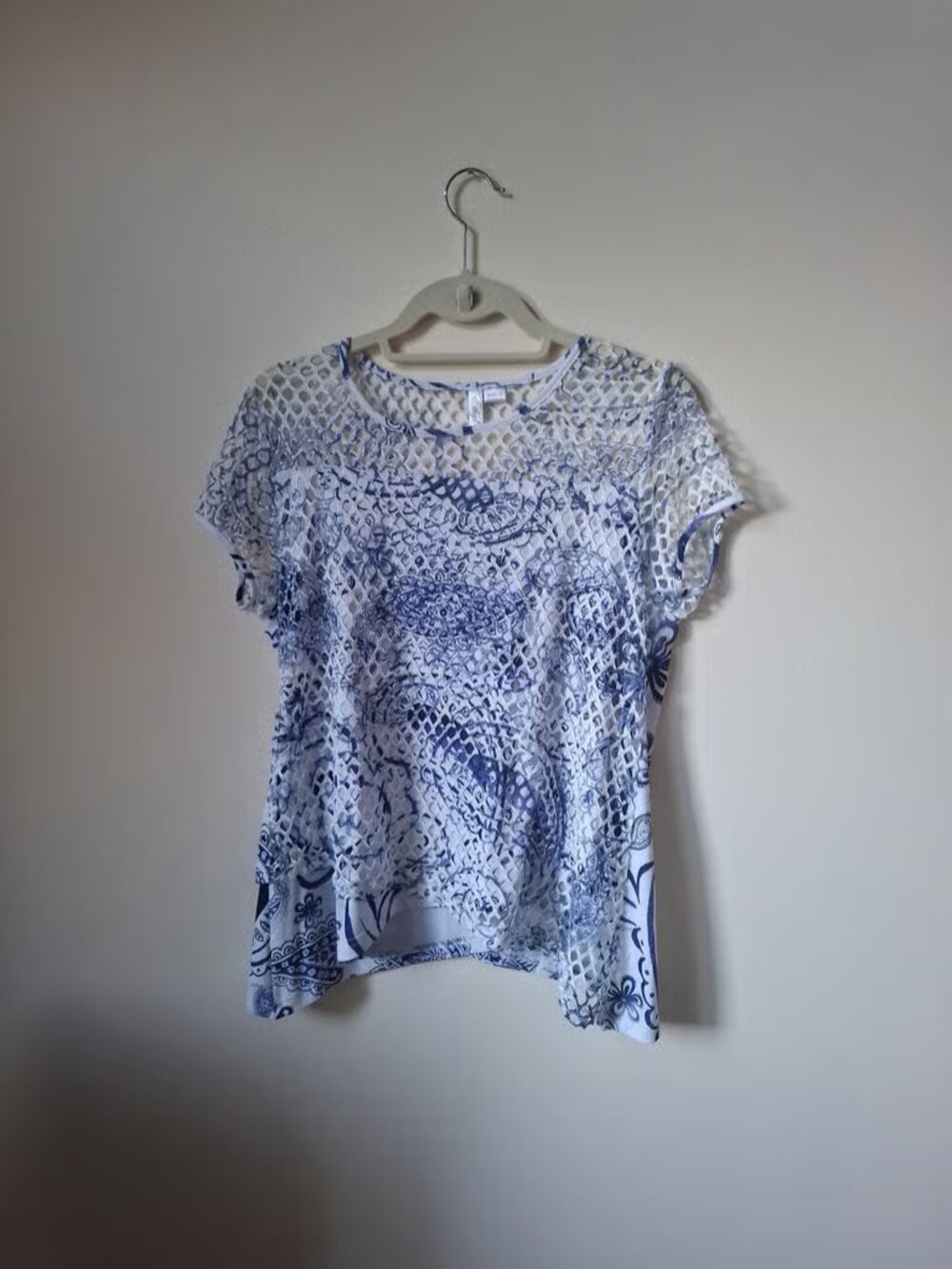 Ethyl Womens Blue and White Mesh Overlay Top Size S New Without Tags